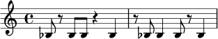 \relative c' {
\time 4/4
bes8 r8 bes8 bes8 r4 bes4 |
r8 bes8 bes4 bes8 r8 bes4 |
}