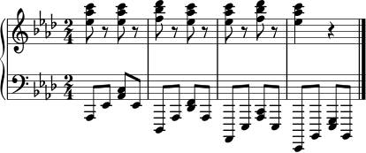 
\score {
  \new PianoStaff <<
    \new Staff \relative c'' {
      \key aes \major
      \time 2/4
      <ees aes c>8 r <ees aes c> r |
      <f bes des>8 r <ees aes c> r |
      <ees aes c>8 r <f bes des> r |
      <ees aes c>4 r \bar "|."
    }
    \new Staff \relative c {
      \clef bass
      \key aes \major
      \time 2/4
      aes,8 ees' <aes c> ees |
      des,8 aes' <des f> aes |
      aes,8 ees' <aes c> ees |
      ees,8 bes' <ees g> bes \bar "|."
    }
  >>
  \layout { }
  \midi { \tempo 4 = 96 }
}
