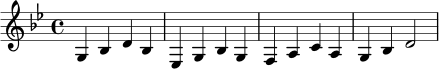 
\relative c' {
  \key g \minor
  \time 4/4
  g4 bes d bes |
  ees,4 g bes g |
  f4 a c a |
  g4 bes d2 |
}
