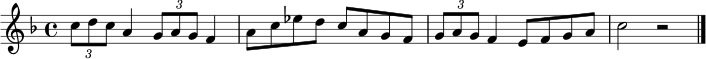 \relative c'' { \clef treble \key f \major \time 4/4 \tuplet 3/2 { c8 d c } a4 \tuplet 3/2 { g8 a g } f4 | a8 c ees d c a g f | \tuplet 3/2 { g8 a g } f4 e8 f g a | c2 r2 \bar "|." }