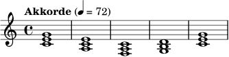 \relative c' { \tempo "Akkorde" 4=72 \time 4/4 <c e g>1 | <a c e>1 | <f a c>1 | <g b d>1 | <c e g>1 | }