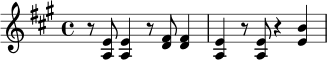 \relative c' {
\key a \major
\time 4/4
r8 <a e'>8 <a e'>4 r8 <d fis>8 <d fis>4 |
<a e'>4 r8 <a e'>8 r4 <e' b'>4 |
}