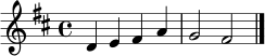 
\transpose c d \relative c' {
  \clef treble
  \key c \major
  \time 4/4
  c4 d e g | f2 e2 |
  \bar "|."
}
