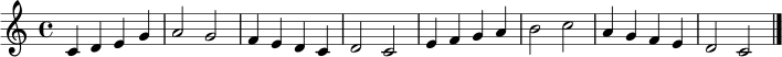 \version "2.22.0"
\paper { indent = 0\mm tagline = ##f }
\score {
\relative c' {
\clef treble
\key c \major
\time 4/4
c4 d e g
a2 g
f4 e d c
d2 c
e4 f g a
b2 c
a4 g f e
d2 c
\bar "|."
}
\layout { }
\midi { \tempo 4 = 92 }
}