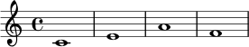 \relative c' {
\time 4/4
c1 | e1 | a1 | f1 |
}
