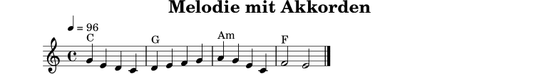 
X:7
T:Melodie mit Akkorden
M:4/4
L:1/4
Q:1/4=96
K:C
"C"G E D C | "G"D E F G | "Am"A G E C | "F"F2 E2 |]
