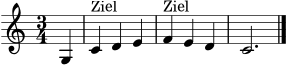\version "2.24.0"
\score {
\new Staff \relative c' {
\clef treble
\key c \major
\time 3/4
\partial 4 g4 | c4^\markup { Ziel } d4 e4 | f4^\markup { Ziel } e4 d4 | c2. \bar "|."
}
\layout { }
\midi { \tempo 4 = 92 }
}