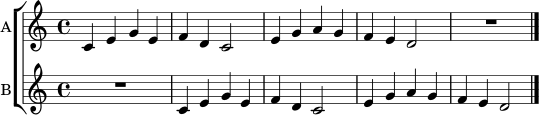 \header { tagline = ##f }
global = { \key c \major \time 4/4 }
mini = \relative c' {
c4 e g e |
f4 d c2 |
e4 g a g |
f4 e d2
}
\score {
\new ChoirStaff <<
\new Staff \with { instrumentName = "A" } { \global \mini R1 \bar "|." }
\new Staff \with { instrumentName = "B" } { \global R1 \mini \bar "|." }
>>
\layout { indent = 0 }
\midi { \tempo 4 = 92 }
}