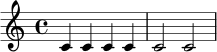 \relative c' {
\time 4/4
c4 c c c |
c2 c |
}