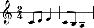 \relative c' { \clef treble \time 2/4 c8 d e4 | c8 b a4 | }
