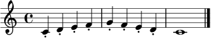 \relative c' {
\clef treble
\time 4/4
c4-. d-. e-. f-. | g4-. f-. e-. d-. | c1 \bar "|."
}