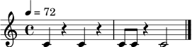 \relative c' {
\time 4/4
\tempo 4 = 72
c4 r4 c4 r4 | c8 c r4 c2 \bar "|."
}