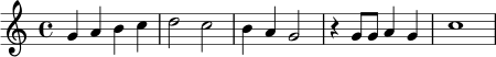 \relative c'' { \time 4/4 g4 a b c | d2 c | b4 a g2 | r4 g8 g a4 g | c1 | }