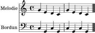 \score {
<<
\new Staff \with { instrumentName = "Melodie" } \relative c'' {
\time 4/4 \key c \major
g4 e d c | g'4 e d c \bar "|."
}
\new Staff \with { instrumentName = "Bordun" } \relative c {
\clef bass
c4 g c g | c4 g c g \bar "|."
}
>>
\layout { }
\midi { \tempo 4 = 92 }
}
