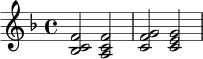\relative c' {
\key f \major
\time 4/4
<bes c f>2 <a c f>2 | <c f g>2 <c e g>2
}