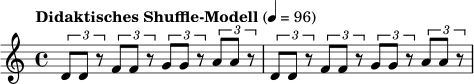 
\relative c' {
  \time 4/4
  \tempo "Didaktisches Shuffle-Modell" 4 = 96
  \tuplet 3/2 { d8 d r } \tuplet 3/2 { f8 f r }
  \tuplet 3/2 { g8 g r } \tuplet 3/2 { a8 a r } |
  \tuplet 3/2 { d,8 d r } \tuplet 3/2 { f8 f r }
  \tuplet 3/2 { g8 g r } \tuplet 3/2 { a8 a r } |
}
