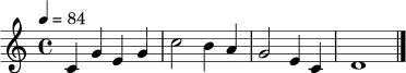 \relative c' { \set Staff.midiInstrument = "french horn" \time 4/4 \key c \major \tempo 4 = 84 c4 g' e g | c2 b4 a | g2 e4 c | d1 \bar "|." }