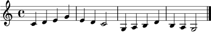 \relative c' {
\clef treble
\time 4/4
c4 d e g | e4 d c2 |
g4 a b d | b4 a g2 \bar "|."
}