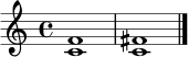 \relative c' { \clef treble \time 4/4 <c f>1 <c fis>1 \bar "|." }