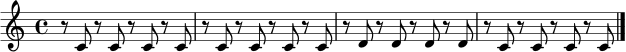 \relative c' {
\clef treble
\time 4/4
r8 c r c r c r c |
r8 c r c r c r c |
r8 d r d r d r d |
r8 c r c r c r c |
\bar "|."
}