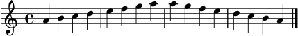 \version "2.22.0"
\language "deutsch"
\header { tagline = "" }
\score {
\new Staff \relative a' {
\clef treble
\key a \minor
\time 4/4
a4 h c d
e f g a
a g f e
d c h a
\bar "|."
}
\layout { }
\midi { \tempo 4 = 84 }
}