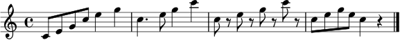 \relative c' {
\clef treble
\key c \major
\time 4/4
c8 e g c e4 g
c,4. e8 g4 c
c,8 r e r g r c r
c,8 e g e c4 r
\bar "|."
}