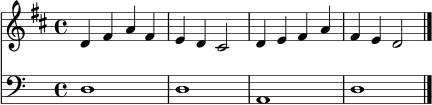 \version "2.22.0"
\score {
<<
\new Staff \relative c' {
\time 4/4
\key d \major
d4 fis a fis | e d cis2 | d4 e fis a | fis e d2 \bar "|."
}
\new Staff \relative c {
\clef bass
d1 | d1 | a1 | d1 \bar "|."
}
>>
\layout {}
\midi {}
}