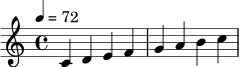 { \clef treble \time 4/4 \tempo 4 = 72 c'4 d' e' f' | g' a' b' c'' | }