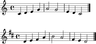 \paper { indent = 0 }
\header { tagline = ##f }
melodie = \relative c' { c4 d e g | a2 g | e4 d c2 \bar "|." }
\score {
\new Staff { \clef treble \key c \major \time 4/4 \melodie }
\layout { }
\midi { \tempo 4 = 92 }
}
\score {
\new Staff { \clef treble \key d \major \time 4/4 \transpose c d \melodie }
\layout { }
\midi { \tempo 4 = 92 }
}