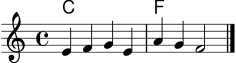 
\score {
  <<
    \new ChordNames \chordmode { c1 f }
    \new Staff \relative c' {
      \clef treble
      \key c \major
      \time 4/4
      e4 f g e | a g f2 \bar "|."
    }
  >>
  \layout { }
  \midi { \tempo 4 = 82 }
}
