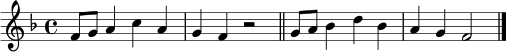 \relative c' {
\key f \major
\time 4/4
f8 g a4 c a | g4 f r2 \bar "||"
g8 a bes4 d bes | a4 g f2 \bar "|."
}