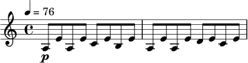 \relative c' {
\time 4/4
\key a \minor
\tempo 4 = 76
\set Staff.midiInstrument = "electric guitar (clean)"
a8\p e' a, e' c e b e |
a,8 e' a, e' d e c e |
}