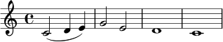 
\relative c' {
  \time 4/4
  c2( d4 e) | g2 e2 | d1 | c1
}
