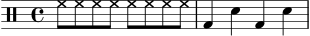 
\header { tagline = "" }
\score {
  \new DrumStaff \drummode {
    \time 4/4
    hh8 hh hh hh hh hh hh hh |
    bd4 sn bd sn |
  }
  \layout { }
  \midi { \tempo 4 = 92 }
}

