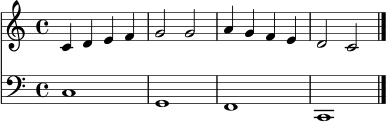 \version "2.22.0"
\score {
<<
\new Staff = "Melodie" \relative c' {
\clef treble
\key c \major
\time 4/4
c4 d e f | g2 g2 | a4 g f e | d2 c2 \bar "|."
}
\new Staff = "Bass" \relative c {
\clef bass
\key c \major
\time 4/4
c1 | g1 | f1 | c1 \bar "|."
}
>>
\layout { }
\midi { }
}
