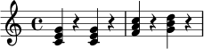
\relative c' {
  \key c \major
  \time 4/4
  <c e g>4 r <c e g>4 r |
  <f a c>4 r <g b d>4 r |
}
