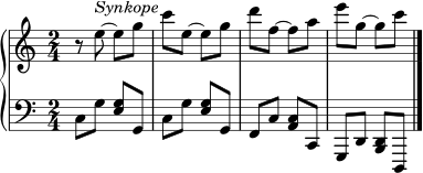 \version "2.24.0"
\header { tagline = ##f }
right = \relative c'' {
\clef treble
\key c \major
\time 2/4
r8 e8^\markup { \italic "Synkope" } ~ e g |
c8 e, ~ e g |
d'8 f, ~ f a |
e'8 g, ~ g c \bar "|."
}
left = \relative c {
\clef bass
\key c \major
\time 2/4
c8 g' <e g> g, |
c8 g' <e g> g, |
f8 c' <a c> c, |
g8 d' <b d> d, \bar "|."
}
\score {
\new PianoStaff <<
\new Staff = "right" \right
\new Staff = "left" \left
>>
\layout { }
\midi { \tempo 4 = 112 }
}