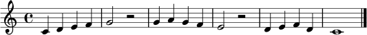 \relative c' {
\clef treble
\key c \major
\time 4/4
c4 d e f | g2 r2 | g4 a g f | e2 r2 | d4 e f d | c1 \bar "|."
}