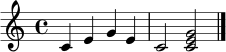 \relative c' {
\key c \major
\time 4/4
c4 e g e
c2 <c e g>
\bar "|."
}