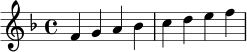 \relative c' {
\clef treble
\key f \major
\time 4/4
f4 g a bes | c d e f |
}