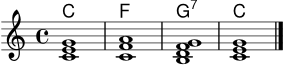 \version "2.20.0"
\header { tagline = "" }
harmonies = \chordmode { c1 f1 g1:7 c1 }
notes = {
\clef treble
\key c \major
\time 4/4
<c' e' g'>1
<c' f' a'>1
<b d' f' g'>1
<c' e' g'>1
\bar "|."
}
\score {
<<
\new ChordNames \harmonies
\new Staff \notes
>>
\layout { }
\midi { \tempo 4=72 }
}