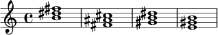 \chordmode { b1 fis gis:m e }