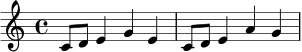 \relative c' { \key c \major \time 4/4 c8 d e4 g4 e4 | c8 d e4 a4 g4 | }