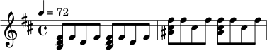 \relative c' {
\key b \minor
\time 4/4
\tempo 4 = 72
<b d fis>8 fis' d fis <b, d fis> fis' d fis |
<ais cis fis>8 fis' cis fis <ais, cis fis> fis' cis fis |
}