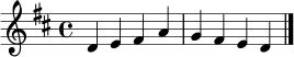 \transpose c d \relative c' { \set Staff.midiInstrument = "acoustic grand" \key c \major \time 4/4 c4 d e g | f e d c \bar "|." }