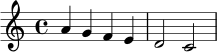 \relative c'' {
\key a \minor
\time 4/4
a4 g f e | d2 c2 |
}