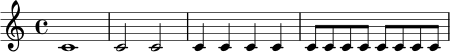 \relative c' { \clef treble \time 4/4 c1 | c2 c2 | c4 c4 c4 c4 | c8 c8 c8 c8 c8 c8 c8 c8 }
