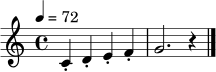 
\relative c' {
  \time 4/4
  \key c \major
  \tempo 4 = 72
  c4-. d-. e-. f-. | g2. r4 | \bar "|."
}
