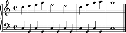 \score {
\new PianoStaff <<
\new Staff \relative c'' {
\clef treble
\key c \major
\time 4/4
c4 d e g | e2 d | c4 e g a | g1 \bar "|."
}
\new Staff \relative c {
\clef bass
\key c \major
\time 4/4
c4 g c g | c g c g | c g c g | c1
}
>>
\layout { }
\midi { \tempo 4 = 96 }
}