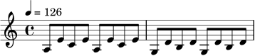 \relative c' {
\time 4/4
\tempo 4 = 126
a8 e' c e a, e' c e |
g,8 d' b d g, d' b d |
}
